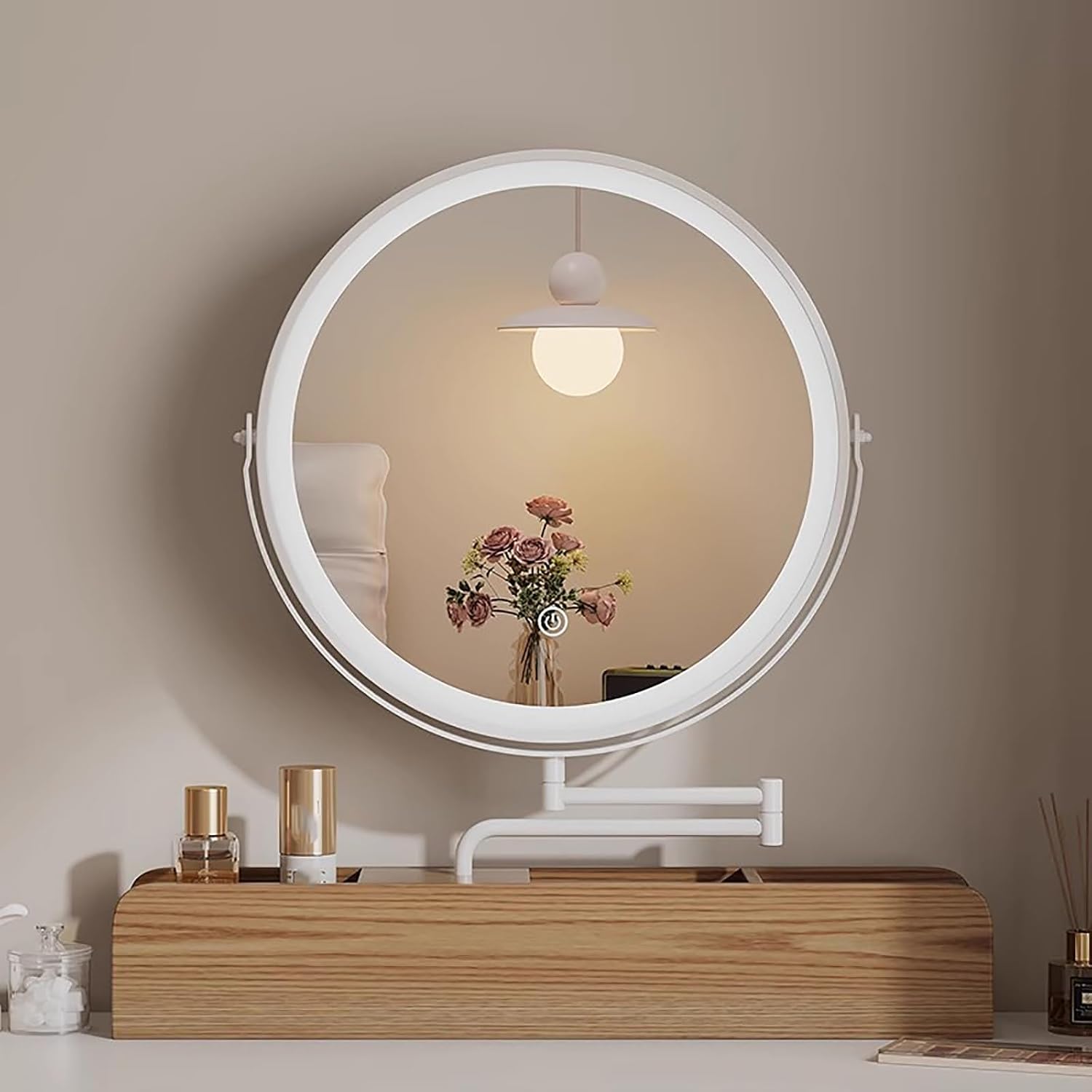Solid Wood Smart Makeup Mirror, with 3 Color Lighting Dimmable, Desktop Rotating Light Up Mirror, Large Capacity Storage Box at The Bottom(White,40 * 40cm/15.7 * 15.7in)