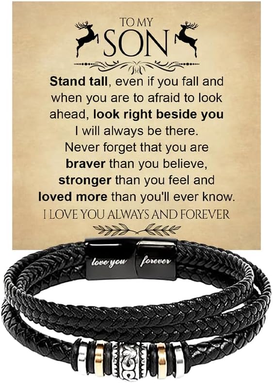To My Son Bracelet From Mom and Dad, Braided Leather Bracelet Sons Gifts, Mother and Son Bracelet, Birthday Graduation Valentine Christmas Gifts For Sons With Message Card