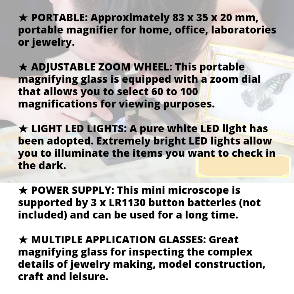 Microscopio de Mano 60-100X Zoom Portátil Zoom LED Lupa Luminosa Mini Lupa Óptica para Observar