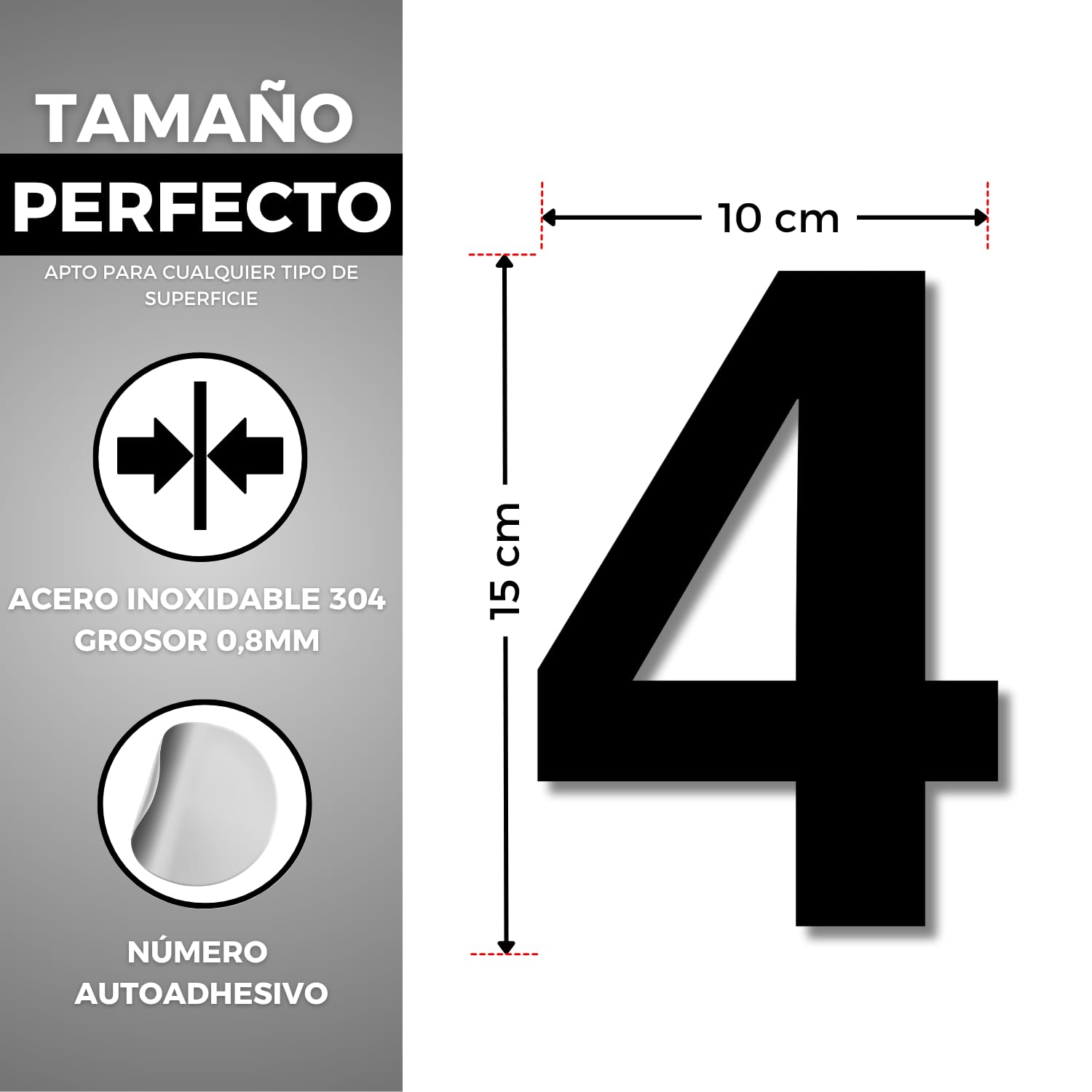 Numero Adesivo da Casa - 150 mm - Acciaio Inossidabile 304 - N° 4 - Numero per Appartamento/Hotel - Numerazione Porte - Numero Civico - Per Esterno e Interno - Numero 4 (4, 150 mm)