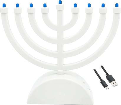 White Mini Electric Classic Menorah, Classic Hanukkah Menorah, 7.3" Inch LED Travel Menora, Batteries or USB Powered, Micro USB 4 Ft. Cable Included