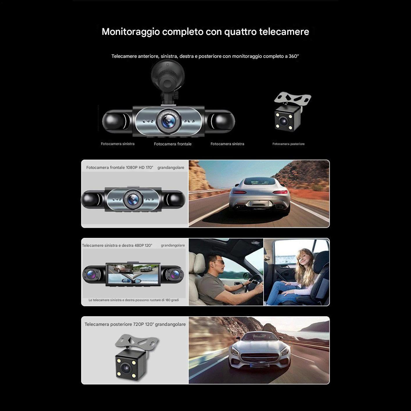 Dash Cam per Auto Videoregistratore 4 Anteriore e Posteriore | Registratore Anteriore Posteriore Lato Sinistro Destro 1080P HD con Scheda 32G e Immagine Retromarcia per Parcheggio