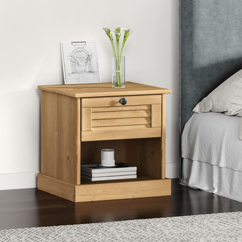 Mesa de noche VIGO 42 x 35 x 42 cm, madera de pino maciza, con cajón y estante de almacenamiento, mesa auxiliar de madera maciza duradera con mango de metal, diseño rústico