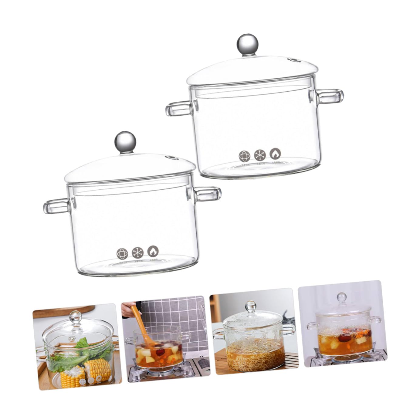 2 Stück Glas Kochtopf 1500ml Hitzebeständiger Glaskochtopf aus Borosilikatglas für Langsames Schmoren und Suppen im Haushalt und Kochen