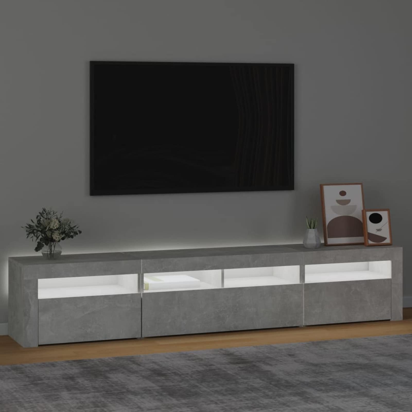 Nowoczesny stojak na telewizor z oświetleniem LED, drewniana szafka pod telewizor w kolorze cementowo-szarym, Slish 210 x 35 x 40 cm, centrum rozrywki do salonu, współczesne futro