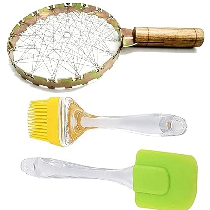 ANSHEZ Tandoor Grill for Gas Stove | Mini Barbeque Gas Grill for Home | Gas Tandoor & Silicon Spatula for Kitchen | Baingan Bharta Jali | | 1 Gas Jali / Channi (Golden) & 2 Pieces Silicone Brush and Spatula