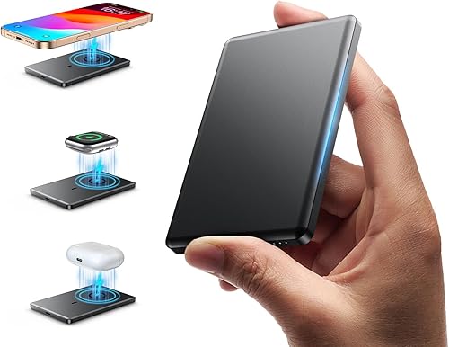 Miniatura 1 de Cargador portátil magnético ultradelgado, cargador portátil inalámbrico de 5,000 mAh con cable USB-C, batería para Apple Watch, cargador magnético