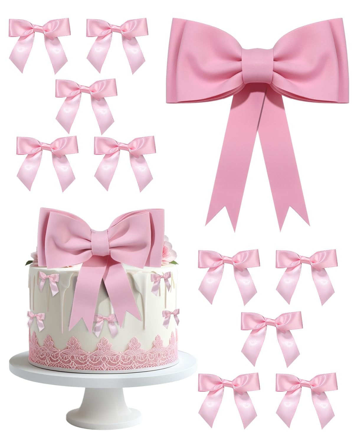 Glavatrix Pink Bow Cake Toppers, Oversized Bow + Mini Bow Cake Decorations, EVA Bow Decor Cake Toppers for Pink Themed Valentine Birthday Baby Shower Wedding Bachelorette Party Supplies (Pink)
