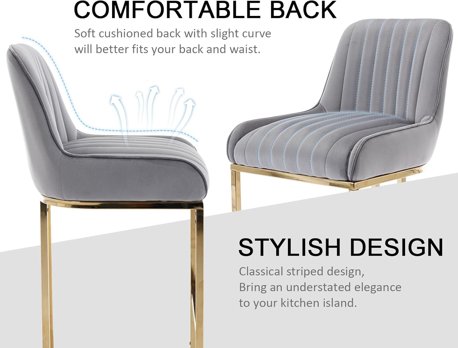 CIMOTA Counter Height Bar Stools Set of 4 with Back Modern Kitchen Counter Stools with Gold Legs Velvet Island Chairs Comfy Stripe Barstools for Breakfast Bar, 26 Inch/Grey