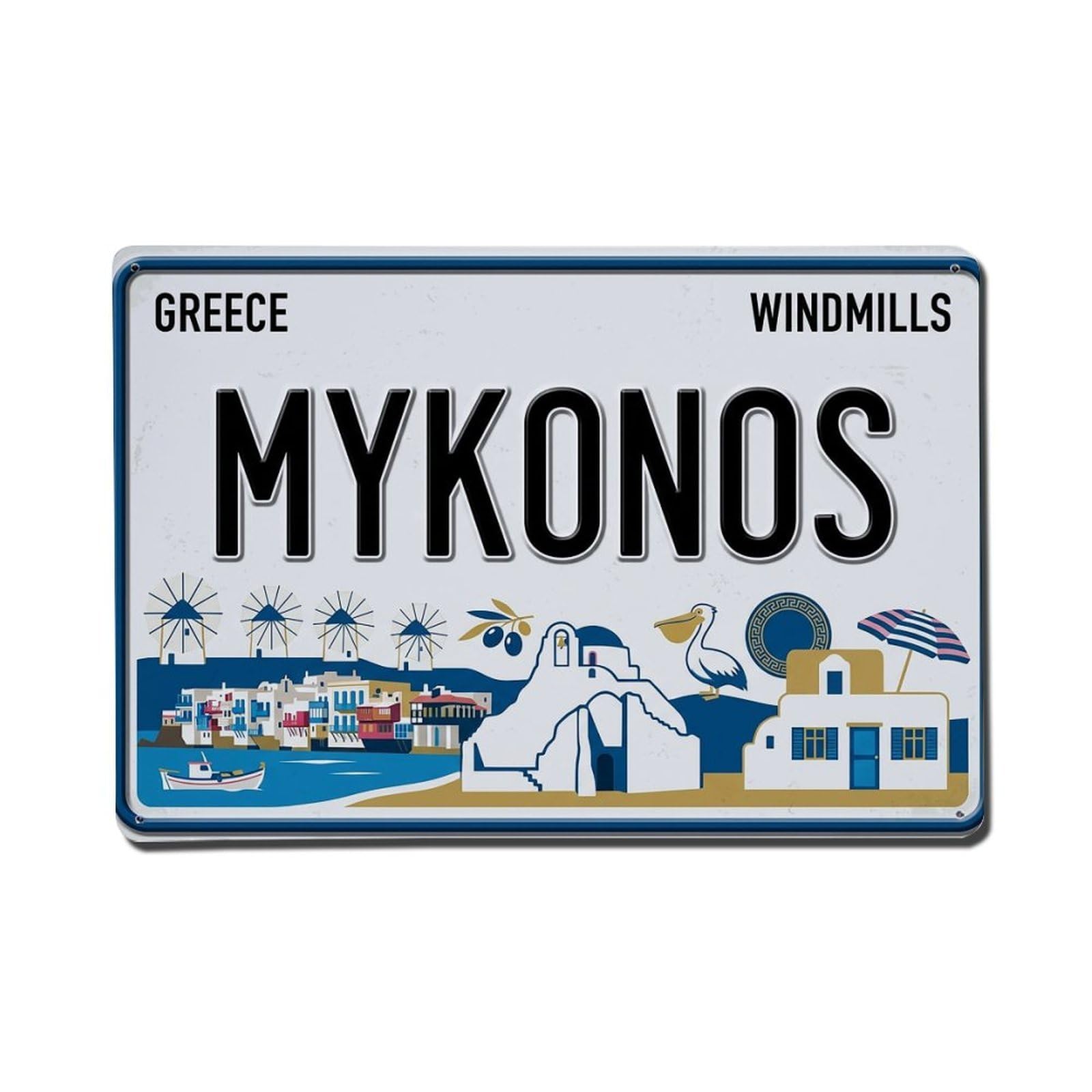 Cwbufd 8X12inch(20X30cm) Vintage Travel Mykonos Greece Windmills Beach Metal Tin Sign Plaque Wall Decor For Cafe, Club Bar, Office, Garden Metal Poster 8X12inch