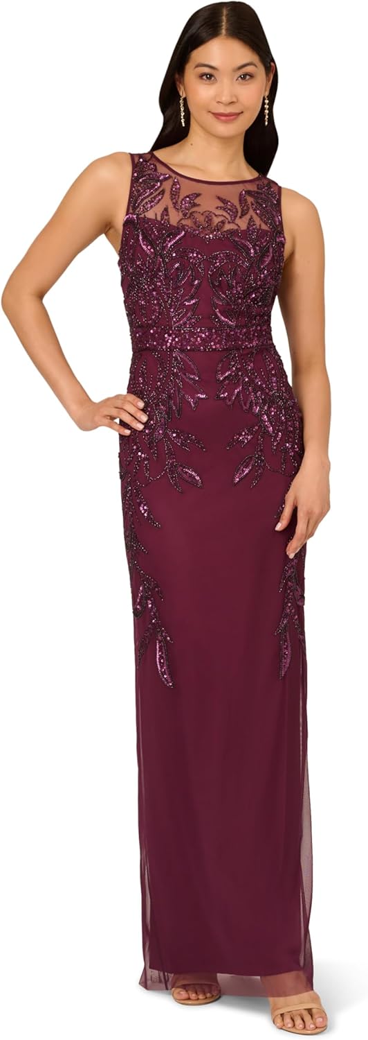 Adrianna Papell Womens Beaded Column Long Dress 8 Cassis