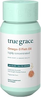 True Grace Omega-3 Fish Oil - 180 Softgels - 1400 mg EPA + DHA - Brain, Heart, Joint & Immune Health - Organic, Gluten Free, Soy Free