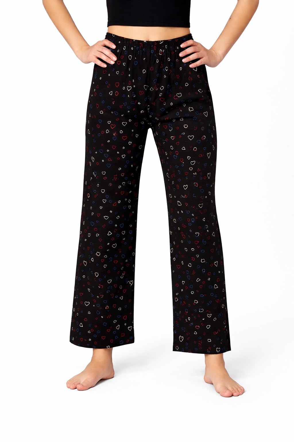 Women's Heart Print Pyjama Pants, Black with Multicolor Hearts Pattern, Elastic Waist, Casual Loungewear, Comfortable Sleep Bottoms-image-17