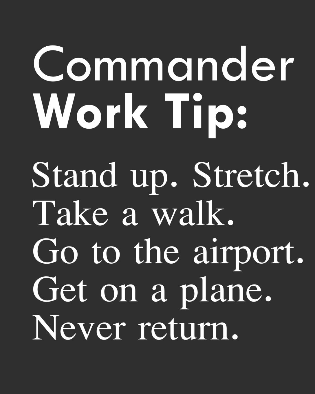 Commander Work Tip: Stand up. Stretch. Take a walk. Go to the airport. Get on a plane. Never return.: Calendar 2019, Monthly & Weekly Planner Jan. - Dec. 2019