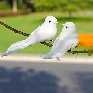 LWINGFLYER 2pcs White Doves Decorative Birds Artificial Simulation Foam Feathered Bird Pigeons Ornament for Wedding Wreaths Craft Christmas Tree Decorations 12cm (Wire Feet)