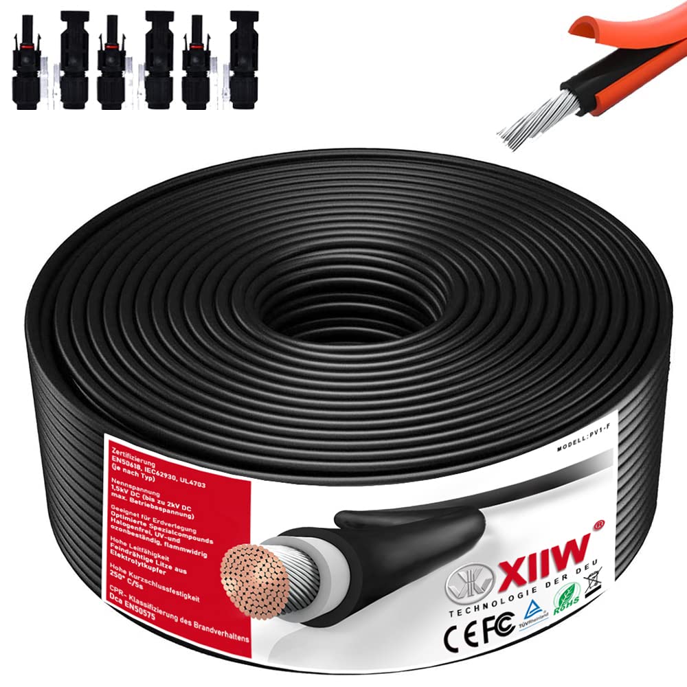 Cavo solare 10 mm², 50 m, cavo di prolunga solare, 10 mm², con spina solare da 65 A, cavo solare fotovoltaico, prolunga IP67, impermeabile per centrali da balcone, pannello solare, PV, senza alogeni