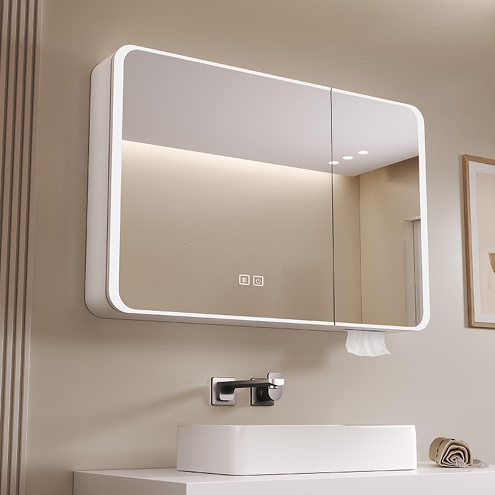 Armario Espejo de Baño Con Luz, Almacenamiento Y Antivaho - Montaje en Pared Con Enchufe (Blanco, 70cm/27.6in)