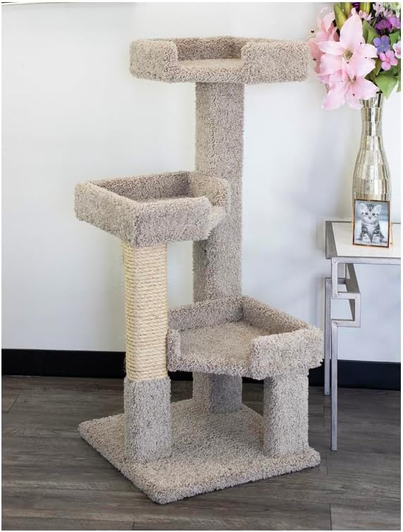 HomeStock Neo-Classical Nostal 3 Level Solid Wood and Carpet Kitty Tree 44" H x 19" W x 19" D Multi-Level Cat Tree with Wood Construction and Carpeted Areas