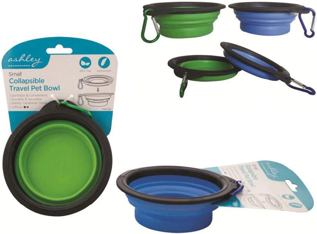 Ashley Housewares Pet Collapsible Travel Bowl Silicone Dog Cat Bowl Portable Pet Food Water Bowl, Feeding trough Portable Drinking Water Drinker with Water Hook, Easy to Carry, Space saver Blue/Green