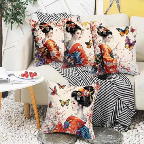 Kissenbezug Outdoor Wasserdicht Sofakissen Geisha Schmetterling Quadratisch Weich Dekokissen Sommer Kissenhülle Mit unsichtbarem Reißverschluss für Sofa Wohnzimmer Balkon Garten Kissen 40 x 40 cm R140 – Bild 3