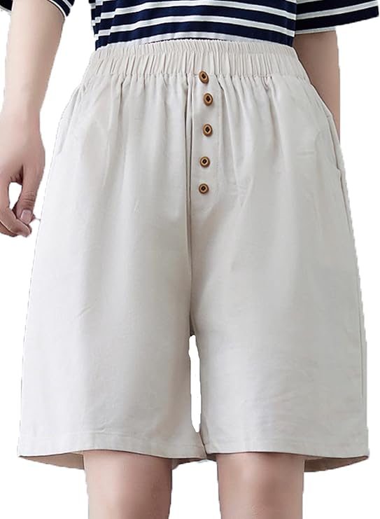 Kirnapci Women Casual Cotton Linen Bermuda Shorts Button Down Comfy