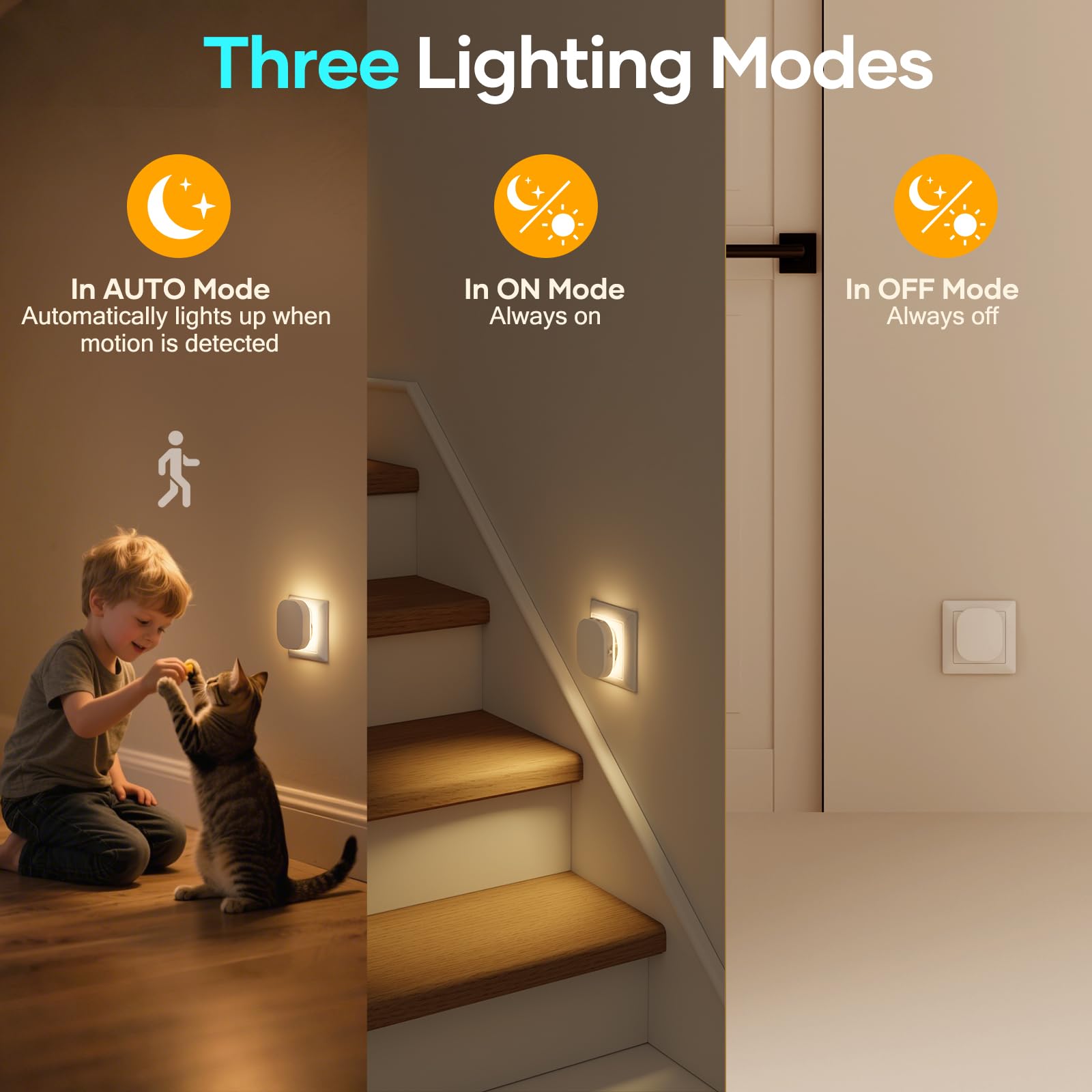 2 Pack Backlit Night Light Plug in Wall with Motion Sensor, Dimmable 0.5-70lm, AUTO/ON/Off, 2700K Warm - Image 3