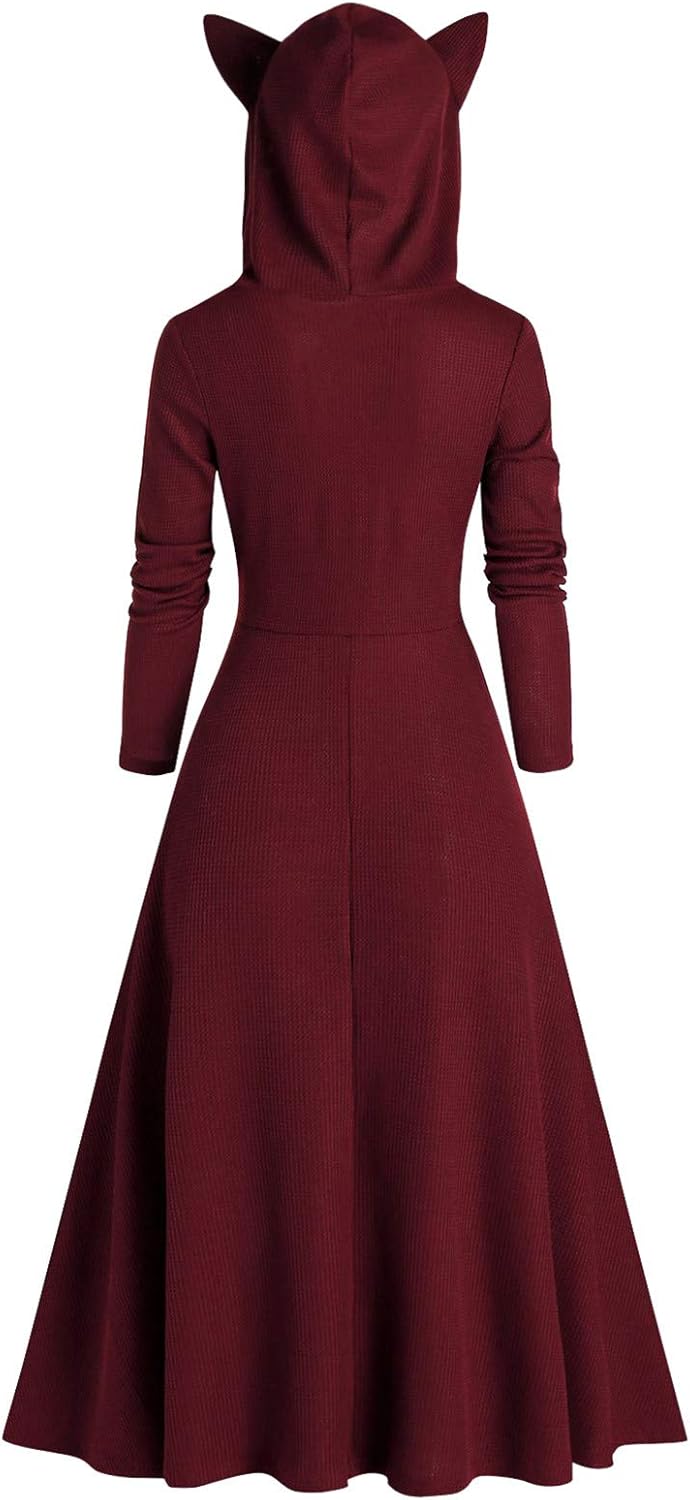 LATINDAY Women Cat Ears Hooded Sweatshirt Dress Long Sleeve Medieval Vintage Lace Up High Low Cloak Robe : Sports & Outdoors