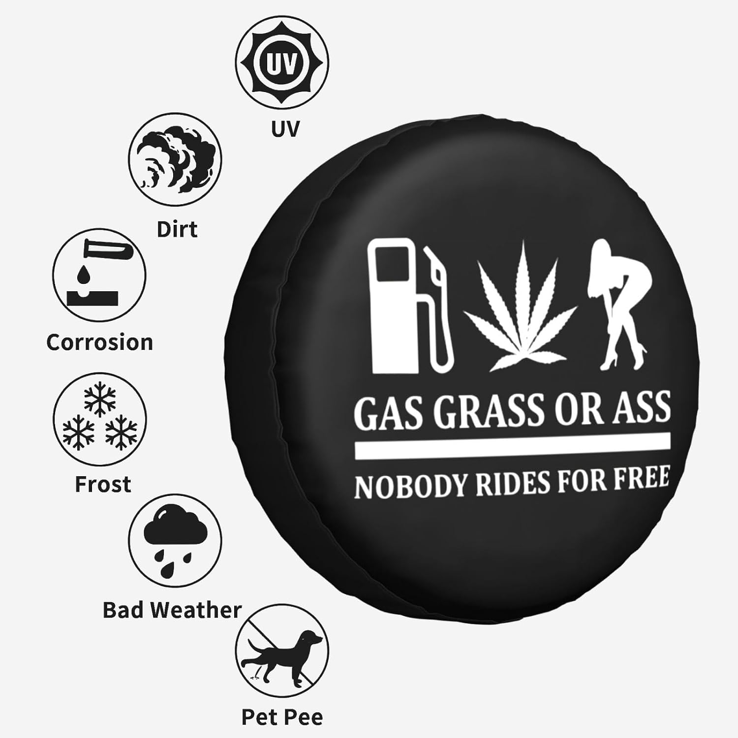 MUSM Gas, Grass Or Ass Nobody Rides for Free Funny Spare Tire Cover Waterproof and Rainproof Dust-Proof Universal Wheel Tire Covers