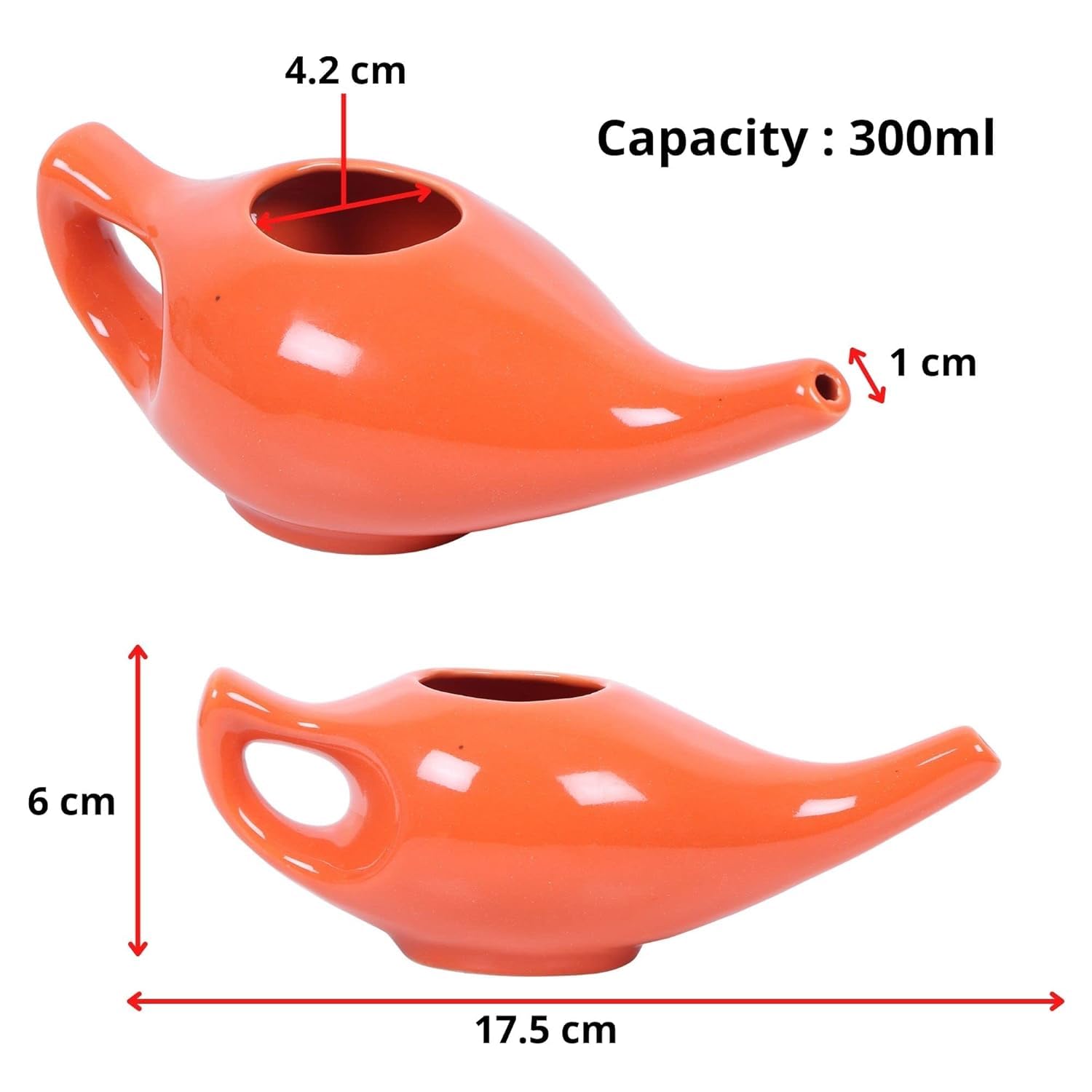 QIMACPLUS Leak-Proof Durable Ceramic Jal Neti Pot | Non-Metallic, Lead-Free, Microwave & Dishwasher Safe with Comfortable Grip | 1 PCS (220 ML) Orange 3