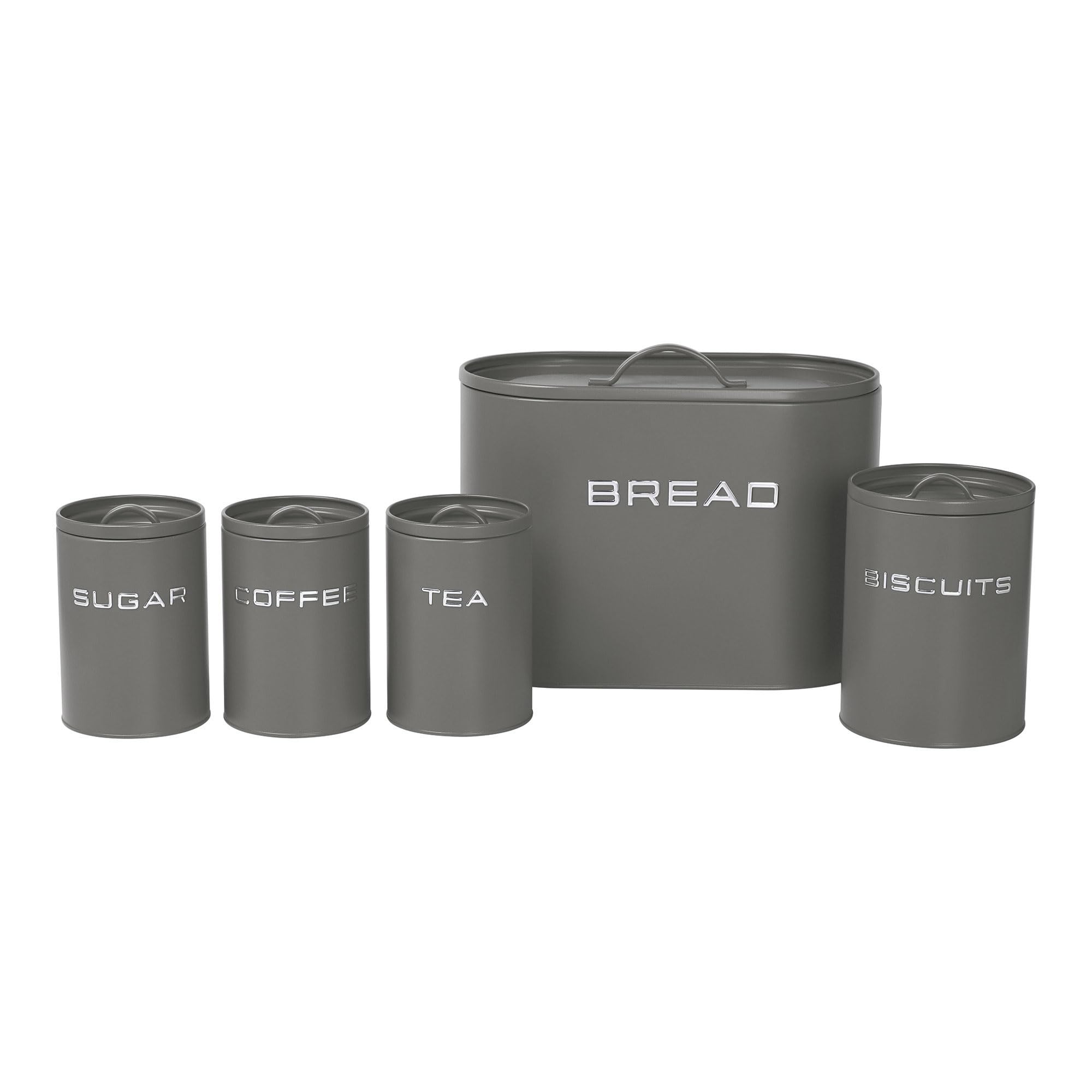 simpa 5PC Stylish Matt Grey Metal Kitchen Storage Set including Oval Bread Bin and Round Biscuit Tin, Tea, Coffee and Sugar Canisters.