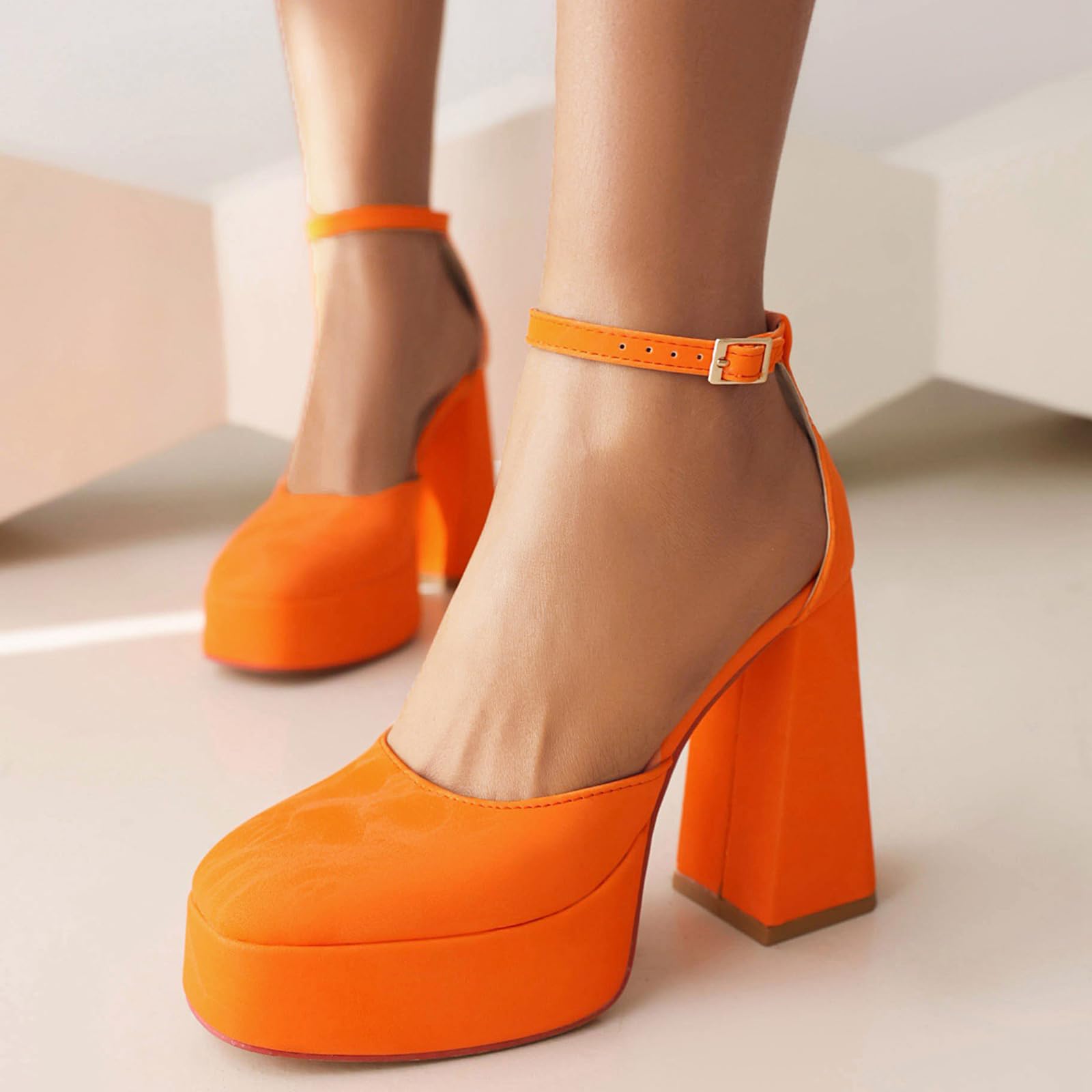 Zapatos de tacón grueso de 12 cm con correa de tobillo y puntera cerrada