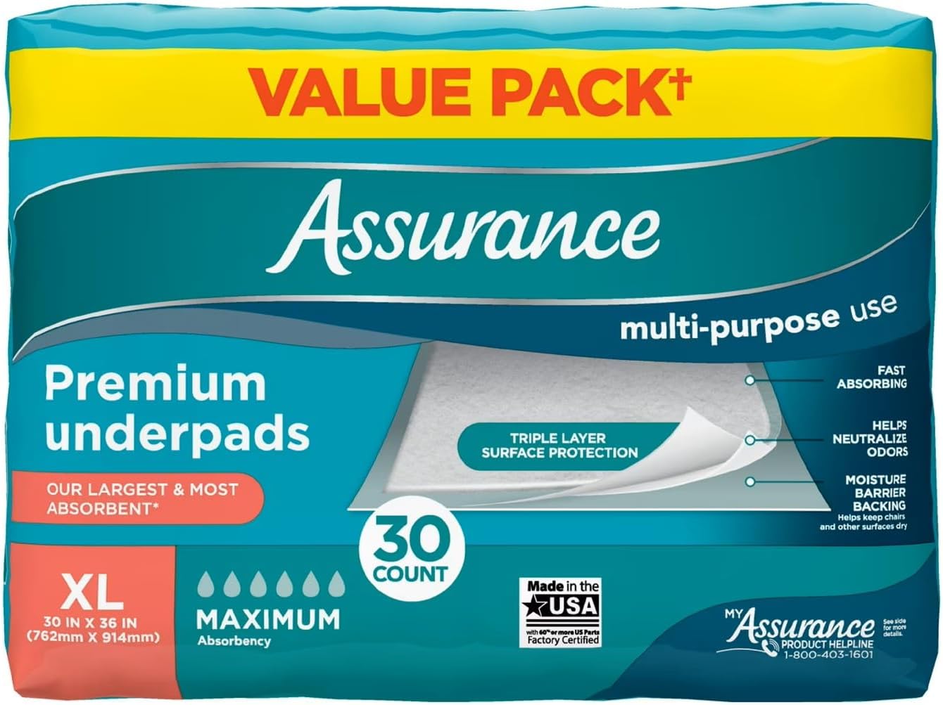Assurance Unisex Premium Underpad for Adults, XL, 30" x 36", Maximum Absorbency, Disposable, Waterproof, 30 Count