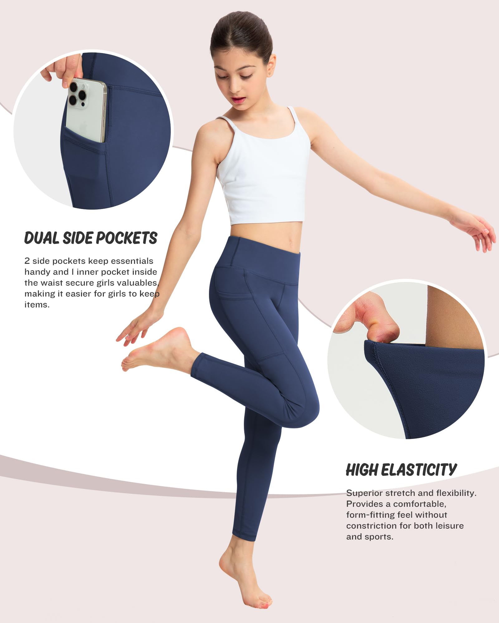 ATHVOTAR Lot de 4 leggings pour filles avec poches : pantalon taille haute pour yoga, entraînement, danse, course à pied