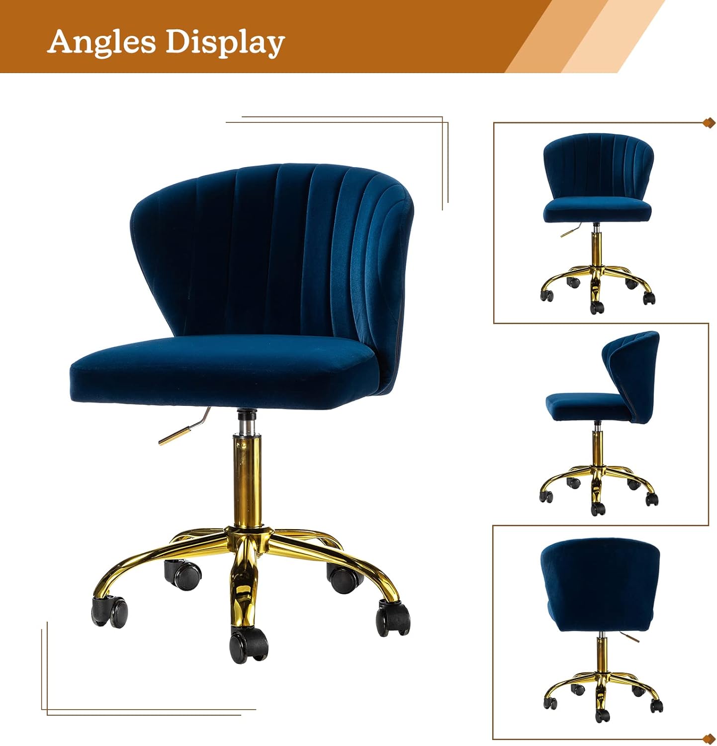TINA'S HOME Office Desk Chairs with Wheels & Gold Base, Modern Velvet Cute Armless Office Chair, Adjustable Low Back Swivel Rolling Chair, Upholstered Task Chair for Living Room Vanity Study-Navy