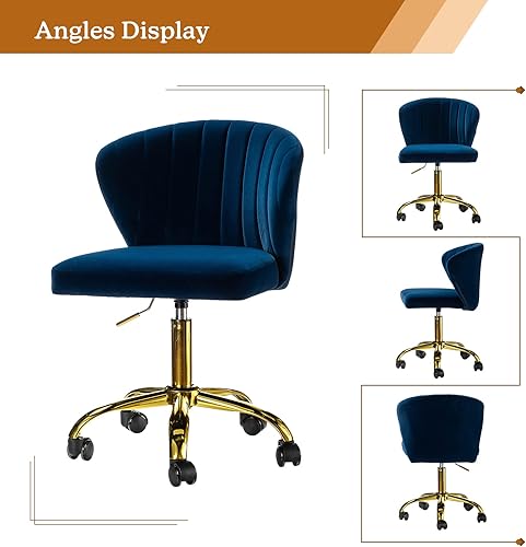 Miniatura 6 de TINA'S HOME Sillas de escritorio de oficina con ruedas y base dorada, moderna silla de oficina sin brazos de terciopelo, silla giratoria ajustable