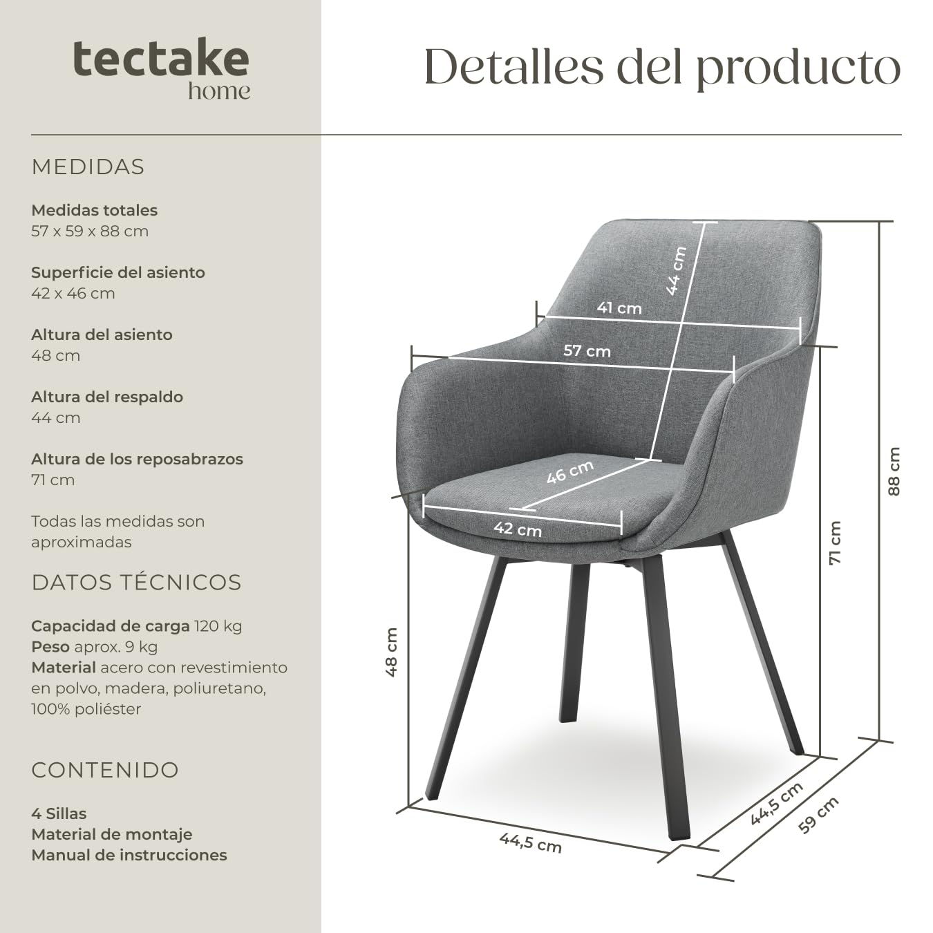 tectake® Silla Giratoria con Reposabrazos, Tapizada y con Acolchado de Alta Densidad, Patas de Acero 360°, Antideslizante, Montaje Rápido, Ideal para Comedor, Cocina y Dormitorio - 4 Sillas Antracita