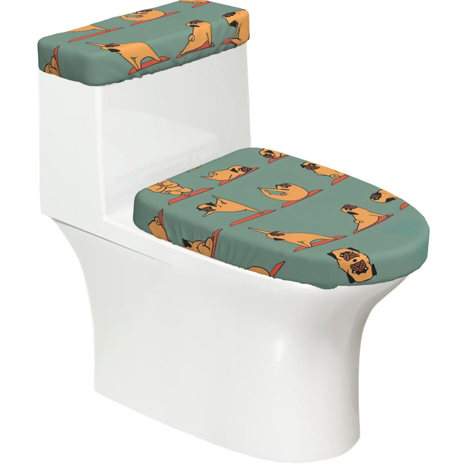 Yoga Pug Printed Toilet Tank and Lid Cover Set of 2 for Most Bathrooms, Fits Elongated Round Toilets
