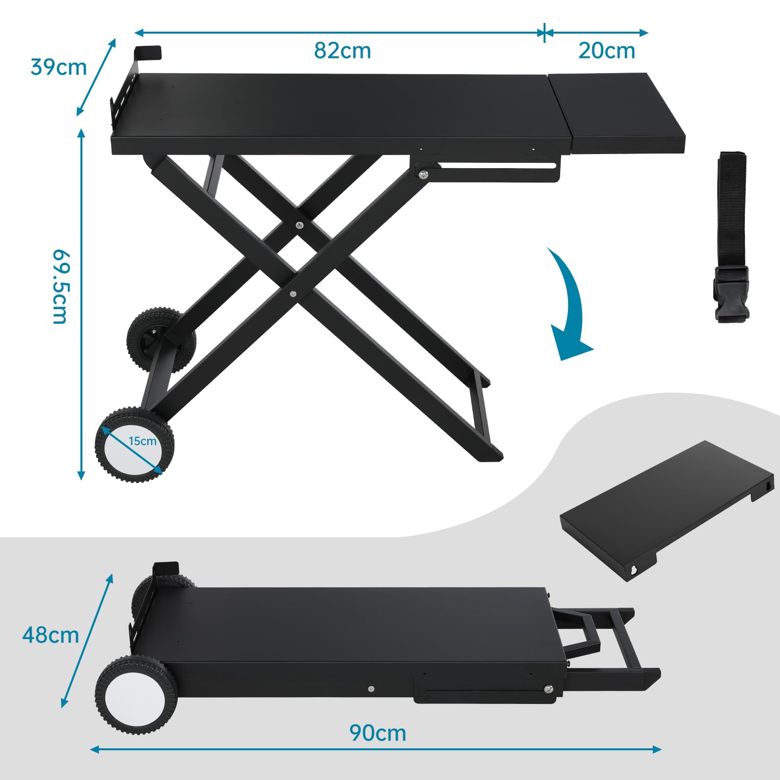 LIFERUN Chariot de Barbecue Pliable avec 2 Roues,Table Pliante Portable avec Tablette Latérale Amovible,Support Stable de Cuisson d'Extérieur pour Plancha,pour Camping,Jardin,Terrasse,102x39cm,Noir
