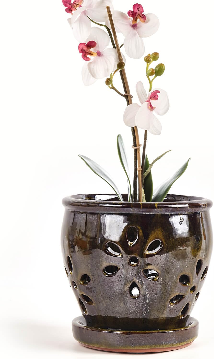 5 Inch Ceramic Orchid Pots with Holes and Saucers 1 Pcs
