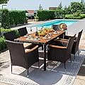 Devoko Dining 7 PCS Furniture, Patio Conversation Set with Acacia Wood Table Top, Rattan Outdoor, Black
