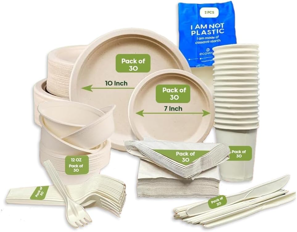 Ecoway Fancy Disposable Dinnerware Set, Bagasse Plates Set, Pack of 30 Compostable Party Supplies, Biodegradable Dinner Set Including Cutlery Set & Utensils For Party, Picnic