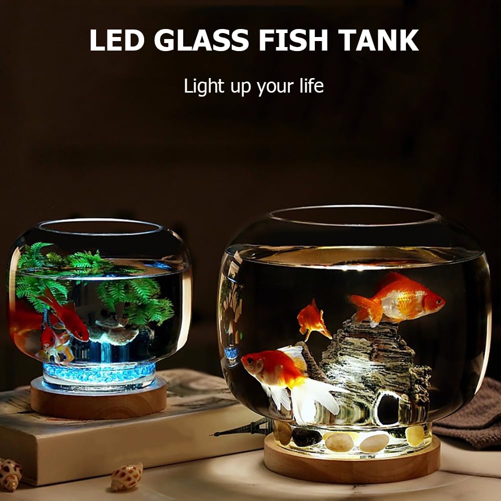 Acquario per Pesci Betta con Luce A LED, Base in Legno, Acquario con Decorazioni Interne, Vista A 360° per Piccoli Pesci, Boccia per Pesci Rotonda in Vetro,A
