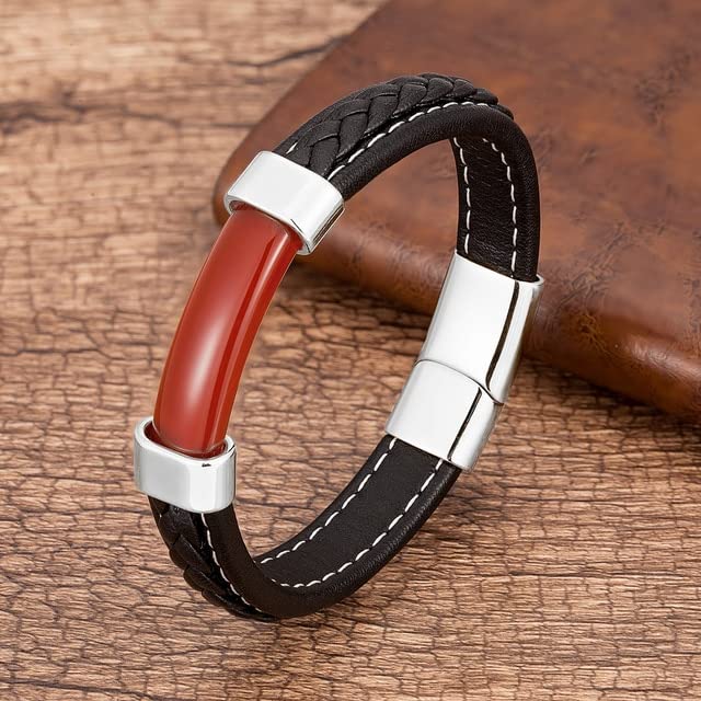 SUBOTE Natural Stone Men Bracelet Black Genuine Leather Rope Chain Stainless Steel Magnet Clasp Natural Stone Bracelets Male Jewelry