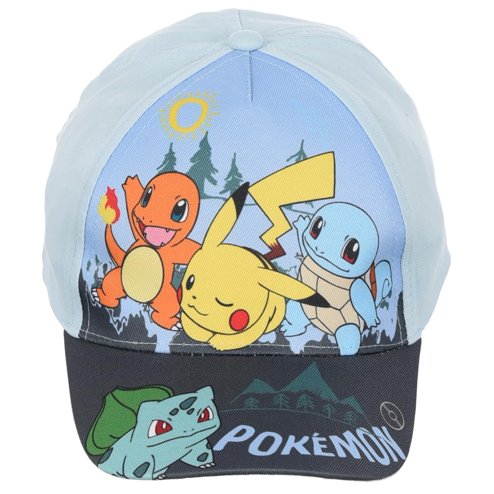 Pokémon Cappellino Bambino Visiera Regolabile Cappello Azzurro Pikachu Charmander Squirtle Bulbasaur 100% Cotone Ufficiale