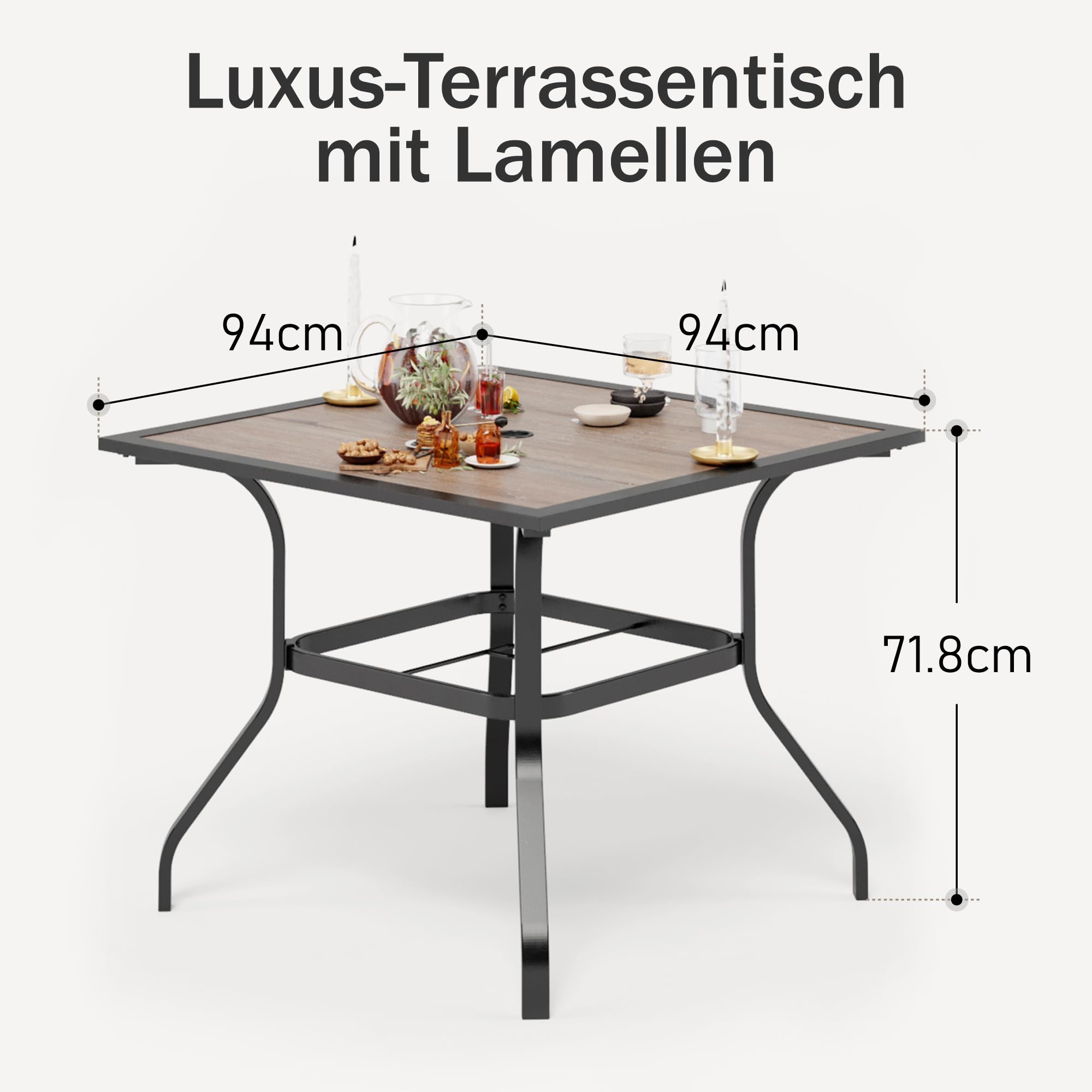 PHI VILLA Gartentisch Wetterfest Outdoor Garten Tisch Terrassentisch Balkontisch E-Beschichtung Metall 94×94×71cm Holzähnlicher Quadratische Braun
