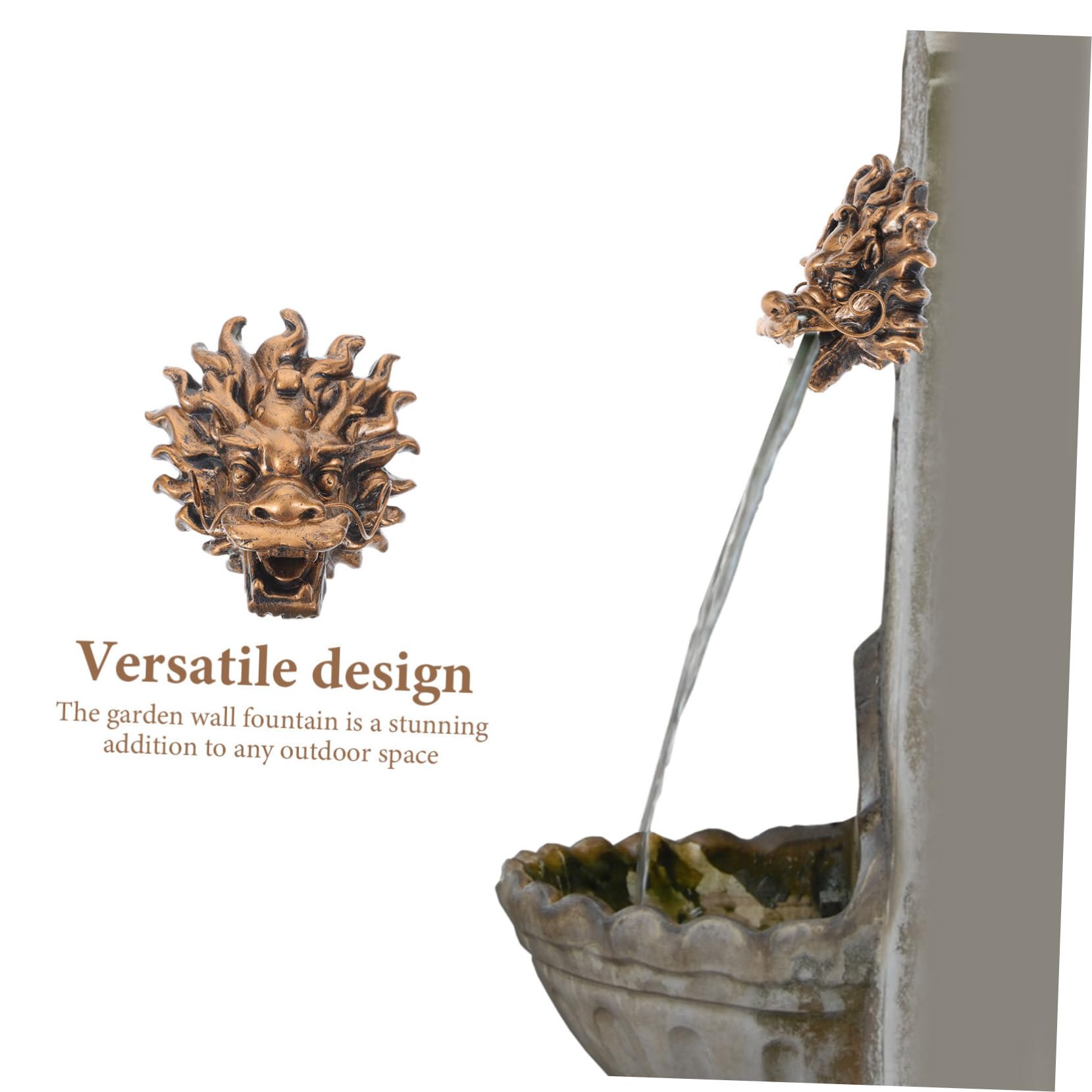 Yardwe Großer Gartenbrunnen Langlebiges Design mit Drachenkopf aus Kunstharz Wasserbetriebener Springbrunnen mit Wandmontage und Eleganter Dekoration für Garten und Villa