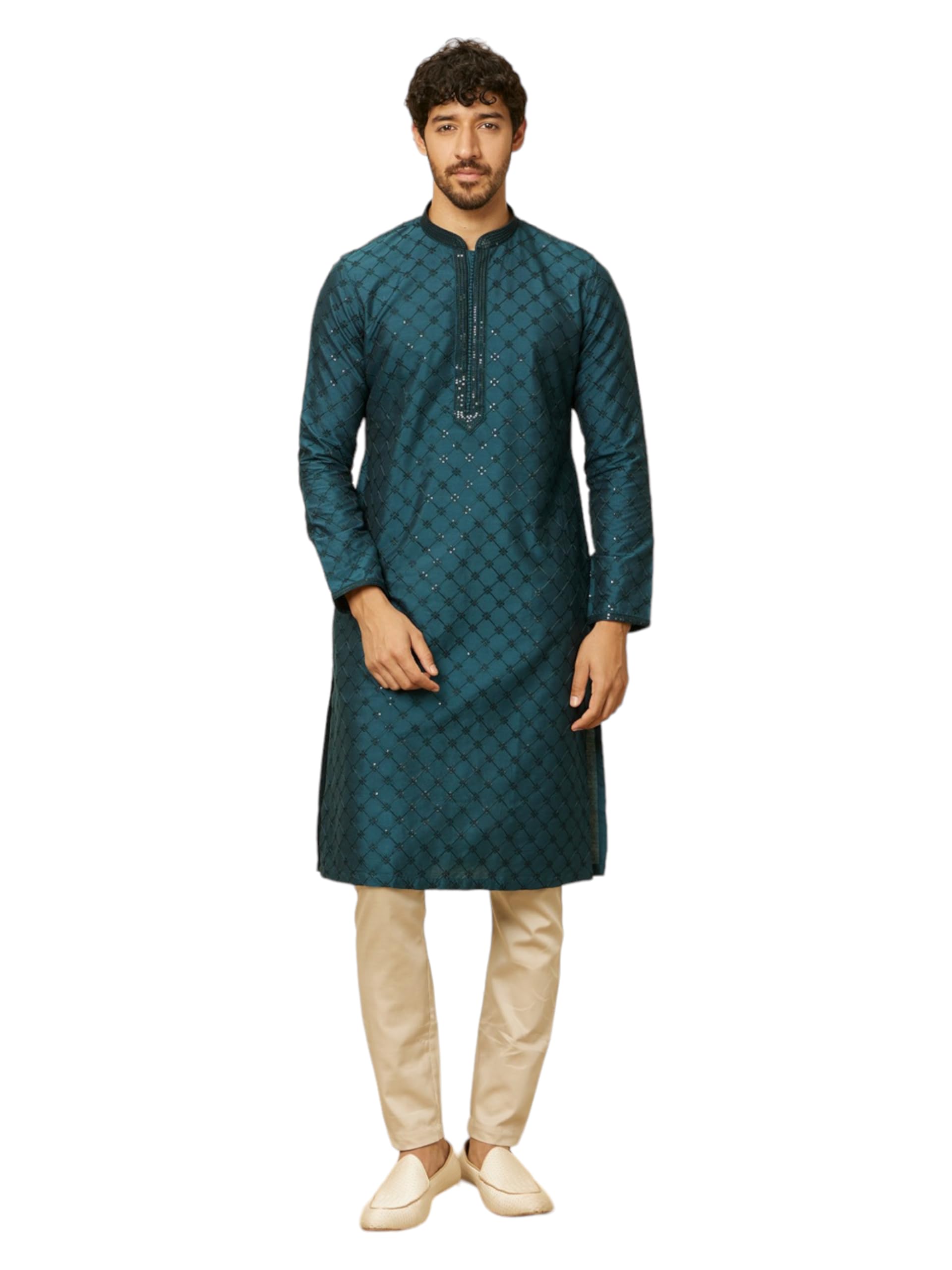 manyavar Men's Self Patterned Sequined Bandhgala Kurta Set (2pcs)-picture-53