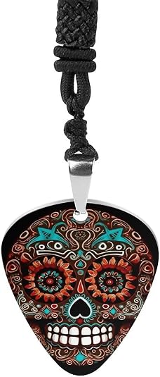 Sugar Skulls Day of The Dead Guitar Pick Holder Pendant Necklace