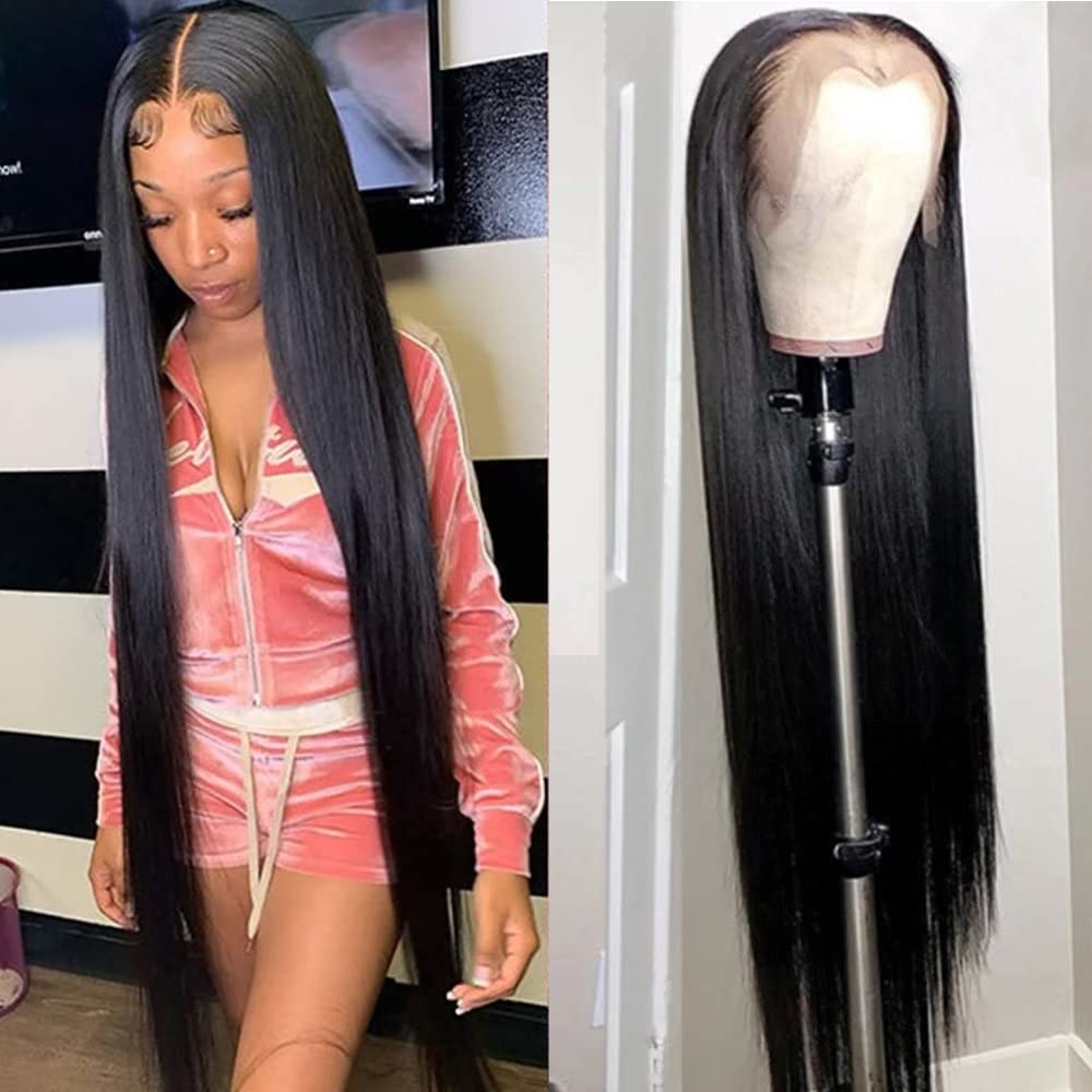 MaxineHair 30 inch HD Lace Front Wigs Human Hair Wig Brazilian Straight Wave 13x4 Lace Frontal Wig Pre Plucked 180% Density Straight Wave Bye Bye Knots Wig HD Bleached Knots