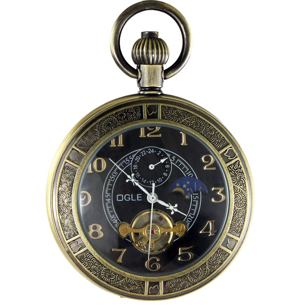 Waterproof Vintage Bronze Magnifier Tourbillon Phases Moon Chain Fob Self Winding Automatic Mechanical Pocket Watch-image-32